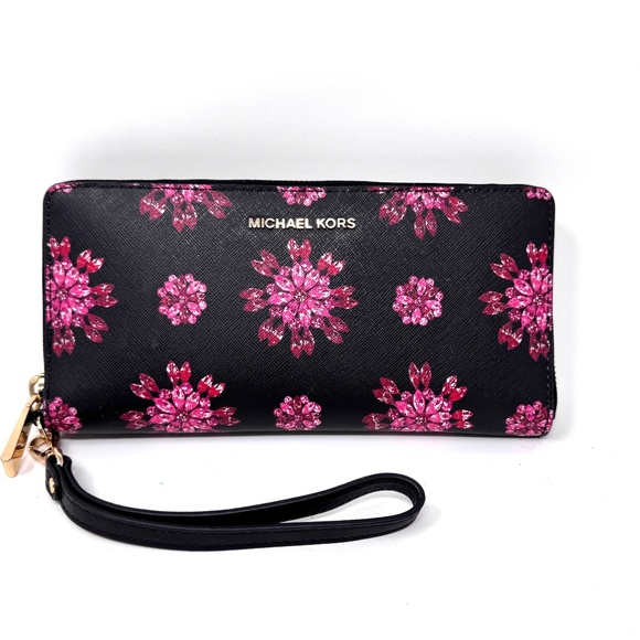 Michael Kors Jet Set Travel Leather Continental Wallet Wristlet- Black-Pink - Picture 1 of 8